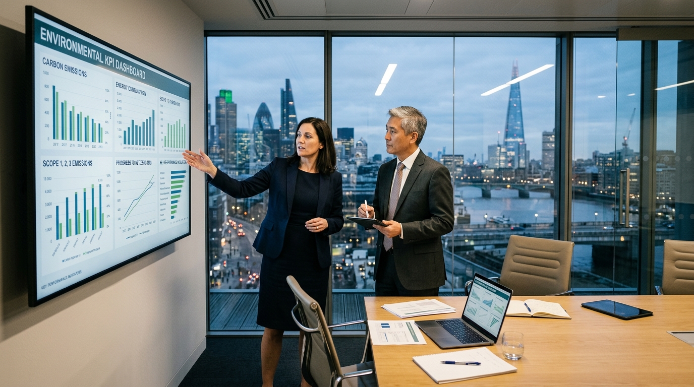 Corporate sustainability director and consultant reviewing environmental KPI dashboards